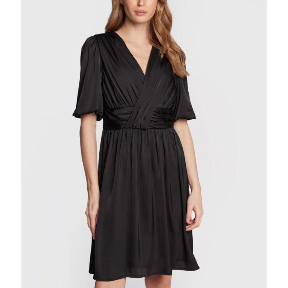 DKNY Satin Fit & Flare Dress Short Sleeve V Neck Prom Elegant Black Size 6